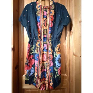 Farm Rio Anthropologie Black Floral Mini Dress Size S Boho V-Neck Pom Trim thumbnail 4
