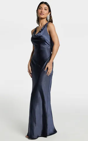 New Showpo Adilah Maxi Dress Cowl Neck Satin Dress In Navy Size Small MSRP $129 thumbnail 6