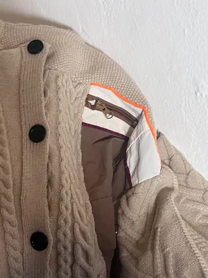 Cable Knit Button-Detail Beige Sweater with Color-Block Sleeve thumbnail 3