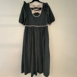 Vintage Style Corduroy Pinstripe Midi Dress Green Puff Sleeve Double Bow Back thumbnail 4