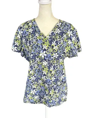 MC2 lime green and blue floral short sleeve v-neck scrub top front pockets L thumbnail 1