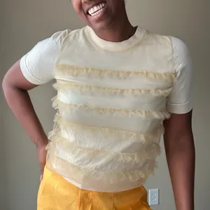 J. Crew Wool Blend Coquette Ruffle Short Sleeve Pale Yellow Sweater Size Medium thumbnail 1