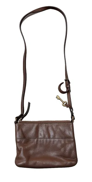Fossil Brown Leather Crossbody Purse Adjustable Strap Key Charm Zip Top Bag thumbnail 1