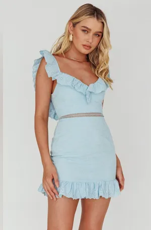 Angel Biba Sweet Melody Sweetheart Neck Off-Shoulder Dress Lace Steel Blue S thumbnail 1