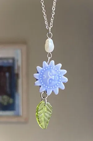 Handmade unique funky cute light blue ceramic sun & Czech glass leaf & freshwater pearl necklace☀️🌿 thumbnail 3