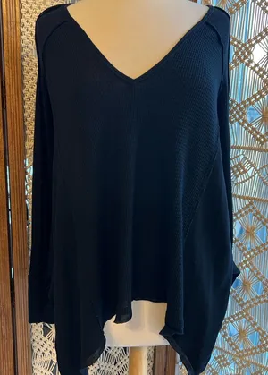 Free People Black Waffle Knit Asymmetrical Long Sleeve Top thumbnail 1