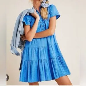 Anthropologie Blue Tiered Button-Front Mini Dress thumbnail 2