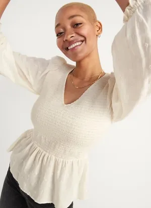 Long-Sleeve Smocked Embroidered Blouse thumbnail 1
