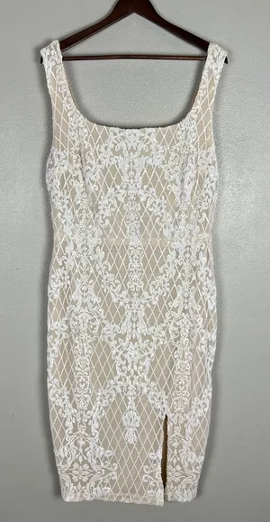 Ricarica Midi Dress‎ Sequin Mesh Womens 1X White Beige Lined Slit Sheath Fitted thumbnail 1