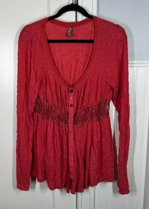 Y2k Free People Red Snap‎ Front Lace Long Sleeve Size medium Victorian feminine thumbnail 1