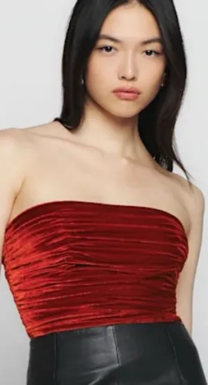 Reformation Addie Ruched Smocked Strapless Velvet Top in Blood Orange Size 4‎ thumbnail 1