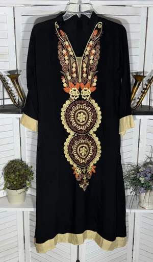Vintage Kaftan dress black gold embroidery cotton hippie boho whimsigoth sz M L thumbnail 1