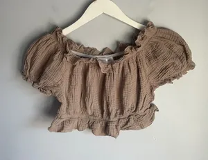 Coastal Cottage Brown Gauze Crop Top Off Shoulder Ruffle Puff Sleeve Boho Medium thumbnail 1