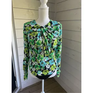 NWOT. Zara Draped Floral Blue Green Long Sleeve Cut Out Bodysuit M thumbnail 10