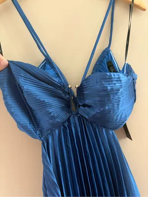 Lulus Aerin Blue Satin Pleated Cutout Midi Dress Size Medium Sleeveless Cocktail thumbnail 11
