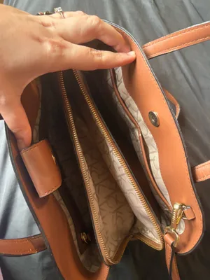 Calvin Klein Monogram Satchel Handbag in Brown with Tan Trim thumbnail 3
