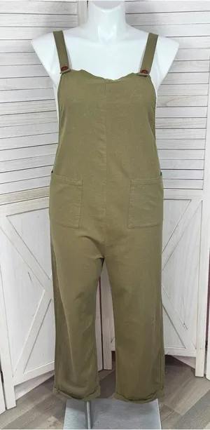 Emery‎ Rose Cotton Front Pocket Cuffed Overalls Jumpsuit Olive Green Large thumbnail 1