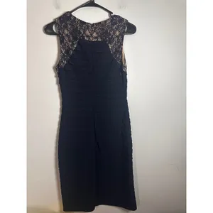 Adrianna Papell‎ Navy Blue Lace Yoke Tiered Ruffle Sheath Cocktail Dress Size 2 thumbnail 3