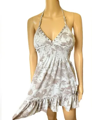 Papaya Y2K Gray Skater Grunge Hippie Grommet Floral Ruffle Mini Halter Top Dress thumbnail 2