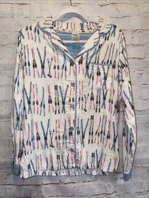 Munki Munki Women’s Ski Print Button Front Pajama Top pants S White Blue Pink thumbnail 6