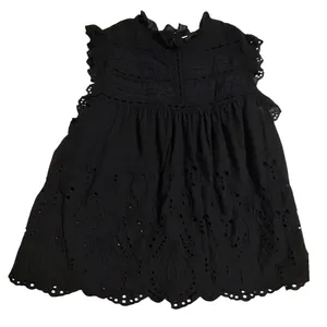 Adiva Black Eyelet Embroidered Sleeveless Top Ruffle‎ Neck Cotton Blouse Large thumbnail 5