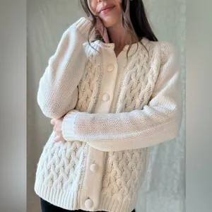 Vintage White Cable Knit Button Up Cardigan Sweater thumbnail 10