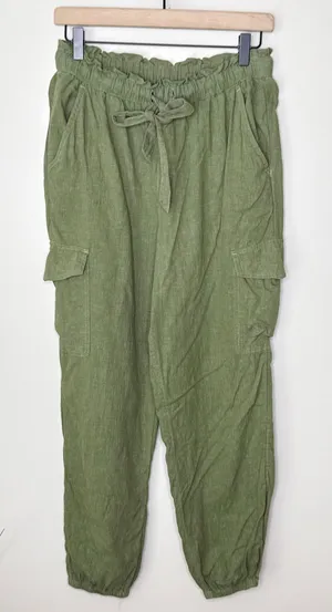 Aerie Women's Small Paperbag Linen Blend Cargo Joggers Green Pull-On Summer‎ thumbnail 1