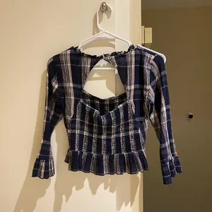Free people cotton smocked Plaid Ruffle Trim Women's Top thumbnail 3