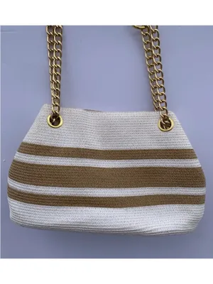 Straw Beach Tote Bag Woven Raffia White Tan Gold Chain Coastal Resort Purse thumbnail 4