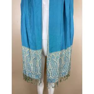 Pashmina Blue Paisley-Patterned Reversible Woven Wrap Fringed Shawl thumbnail 4