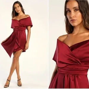 Lulus Always Celebrating Burgundy Satin Off-The-Shoulder Mini Dress Size M thumbnail 3