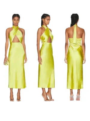 SIMON MILLER Satin Halter Chartreuse Prom Wedding Guest Long Slip Dress 10 thumbnail 2