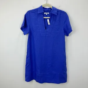 Madewell V Neck Mini Dress Linen Blue Pockets Easy Shift Relaxed Coastal XS NWT thumbnail 7