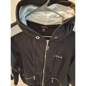 Bebe Short Zip Up Hoodie Y2K Style Womens L Black White Stripe Rhinestone Logo thumbnail 2