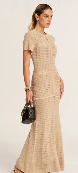COMMENSE Short Sleeve Crochet Knit Mermaid Maxi Dress Khaki Gold Size S NWT thumbnail 1