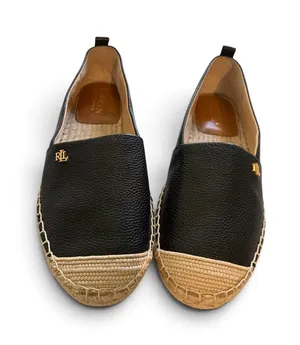 Ralph Lauren Black Leather Espadrille Slip-Ons with Natural Raffia Toe NWOT 6.5 thumbnail 1