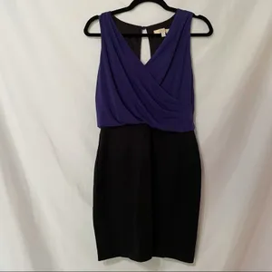 Aidan Mattox Blue Black Bodycon Draped Top Dress Womens S Cocktail Mini V Neck thumbnail 4