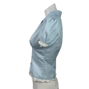 Peppermayo Blue Stripe Short Puff Sleeve Ruffle Crop Button Up Shirt Top Size XS thumbnail 2