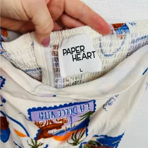 Paper Heart Strapless Maxi Dress Womens L Ivory Postcard Print Smocked Back Side thumbnail 5
