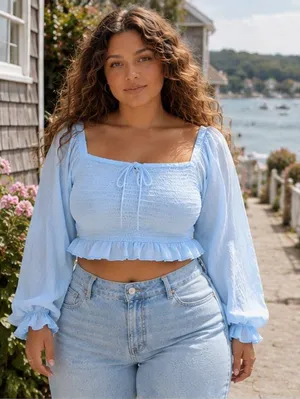 Celebrity Pink Blue Smocked Crop Top Large Cottagecore Balloon Sleeve Peasant thumbnail 1