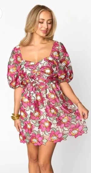 REYNA DRESS - Floral Puff Sleeve Mini Dress in Pink thumbnail 1