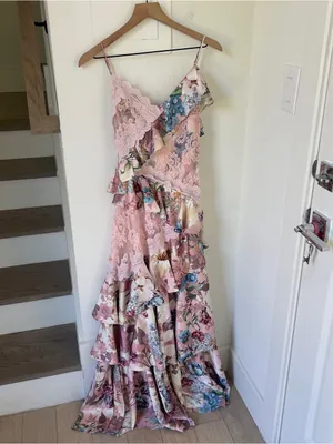Anthropologie BHLDN Elora Sleeveless V-Neck Ruffle Lace Maxi Dress in Pink thumbnail 2