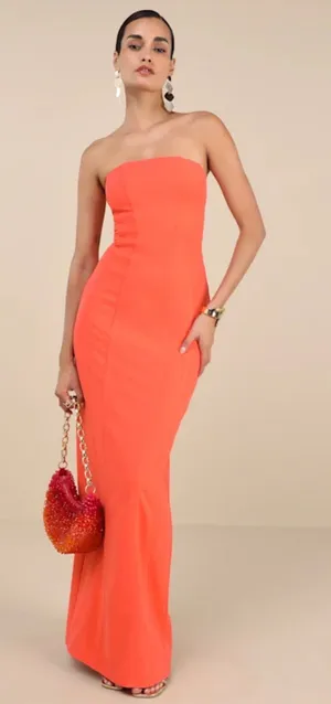 Ismene Bright Orange Seamed Strapless Maxi Dress thumbnail 1
