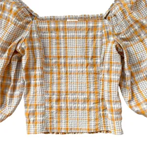 Like New Anthropologie Maeve Square Neck Puff Sleeve Seersucker Plaid Top Medium thumbnail 5