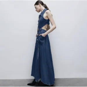URBAN REVIVO Women's Cutout Sleeveless Lapel Denim Maxi Dress Size US‎ 6 Buttons thumbnail 3