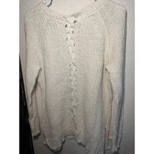 Aerie Cream Lace Up Back Chunky Knit Shaker Sweater‎ Womens Medium Off White thumbnail 4