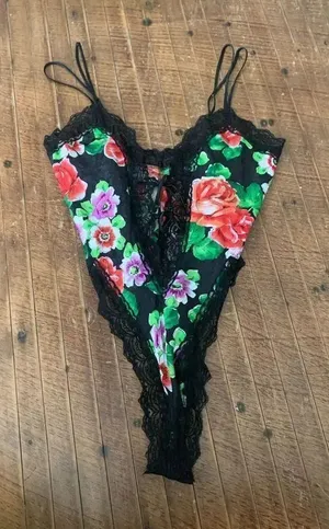 Victoria’s Secret vintage gold label lace up front floral satin teddy lingerie b thumbnail 1