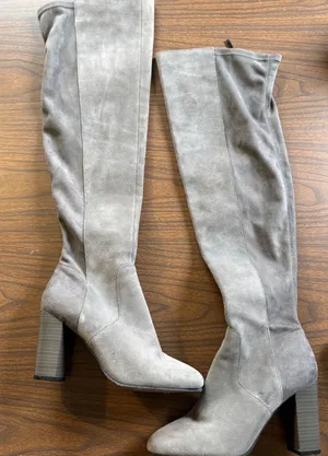 Grey Suede Over The Knee Block Heel Boots Pointed Toe Side Zip Tall‎ Boots thumbnail 1