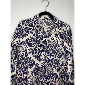 Zara Cotton Shirt Midi Dress Small Blue White Damask Floral Breezy Light thumbnail 2
