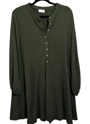 Pink Lily Olive‎ Green Waffle Knit Button Neck Swing Dress Size L thumbnail 1